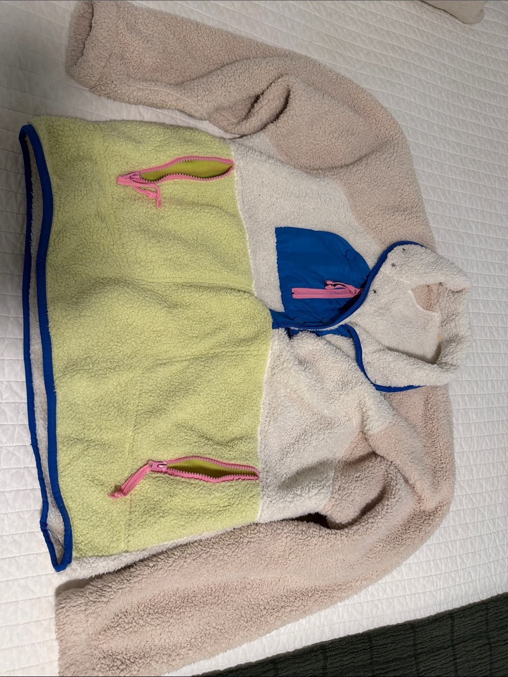 Cozy Colorblock Sherpa Fleece Jacket — Cream, Lime & Blue with Pink Zippers